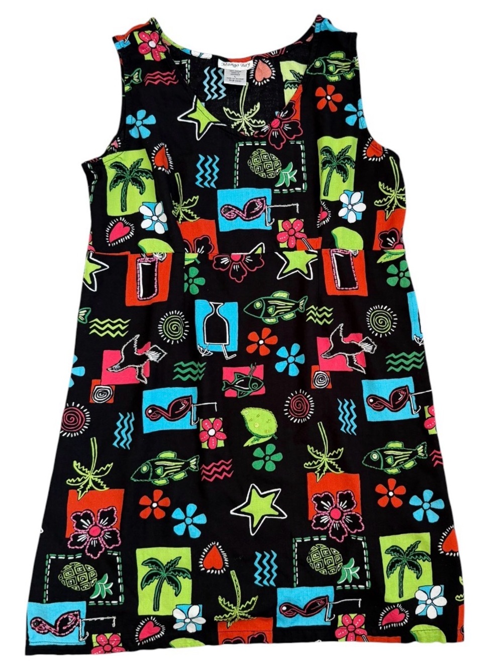 Vintage 80s Mango Bay Beaded Tropical Print Sleeveless Dress